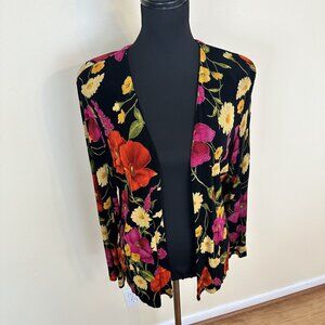 Vintage Womens Floral Print Cardigan Top Open Front Large Slinky Travel Blouse